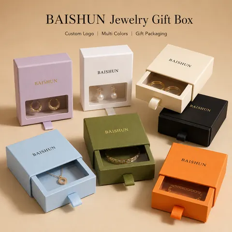 Ribbon-pull jewelry drawer boxes in seven custom colours
