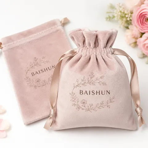 Pink velvet-look drawstring gift pouch