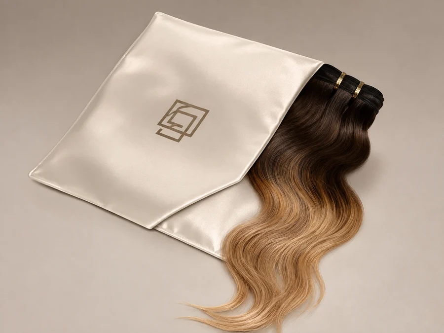 Ivory satin envelope pouch with heat-transfer logo and a hair extension bundle