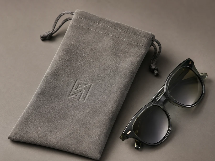 Grey microfiber suede pouch with a debossed mark beside folded sunglasses