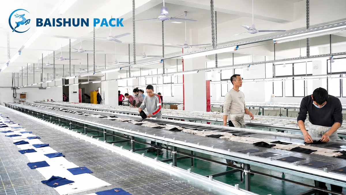 Cut pouch panels laid out along the inspection line at the Baishun Pack factory