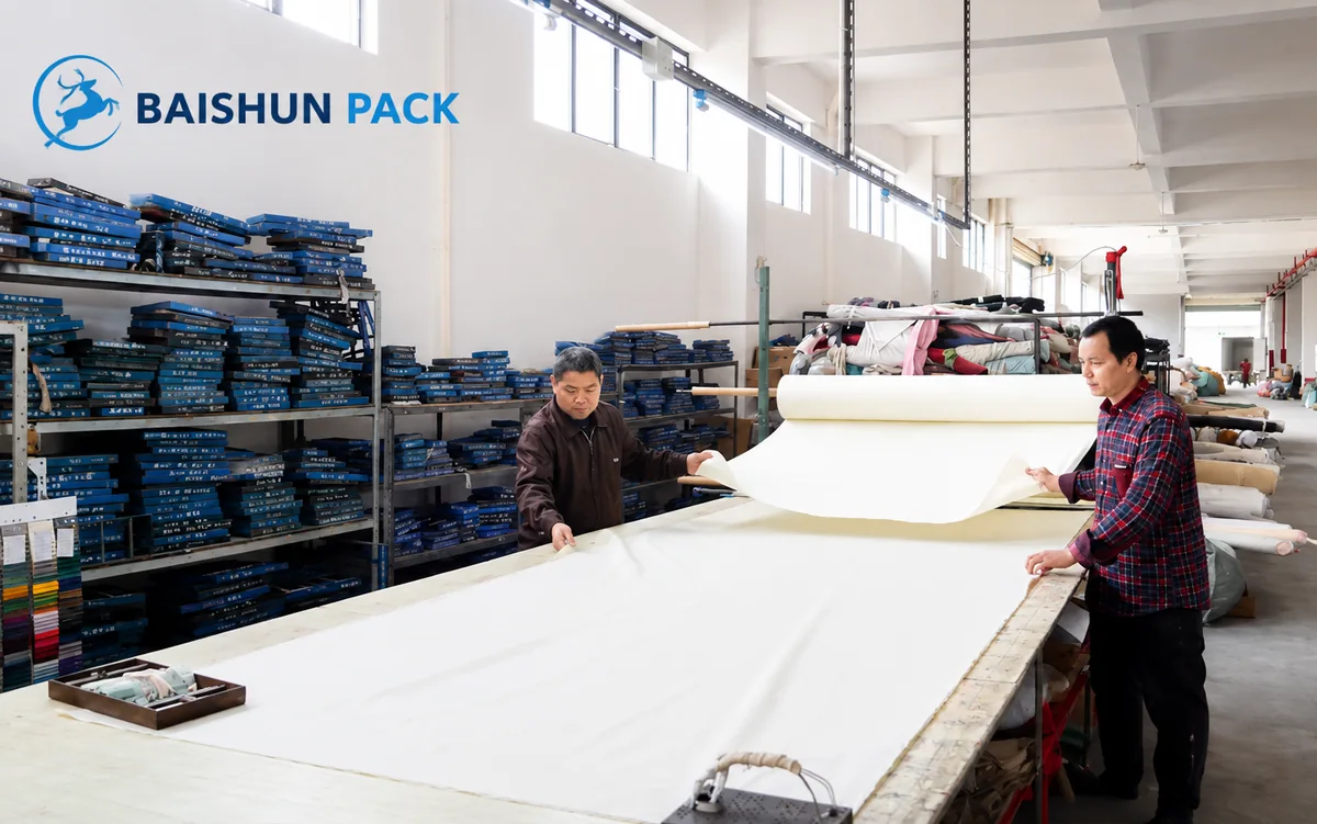 Two operators spreading a bolt of fabric across the cutting table at the Baishun Pack factory