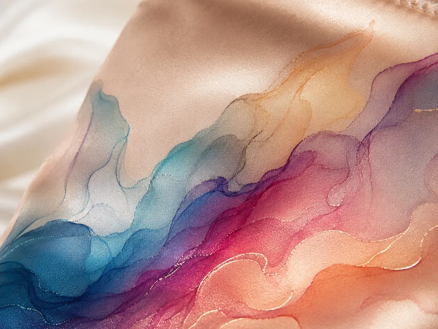 Multi-colour gradient heat-transfer graphic on champagne satin